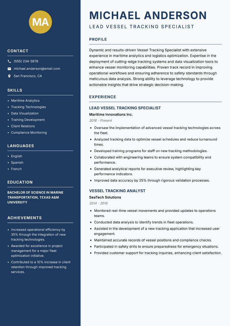 Vessel Tracking Specialist Resume Preview Example