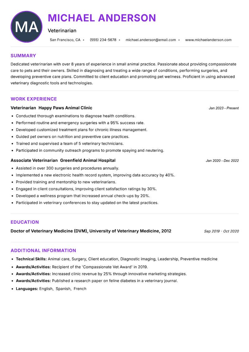 Veterinarian Resume Preview Example
