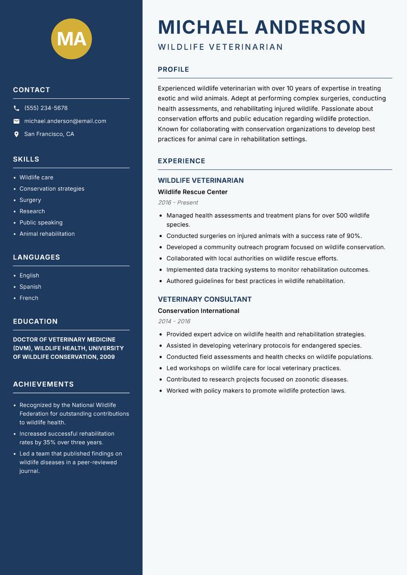 Veterinarian Resume Preview Example