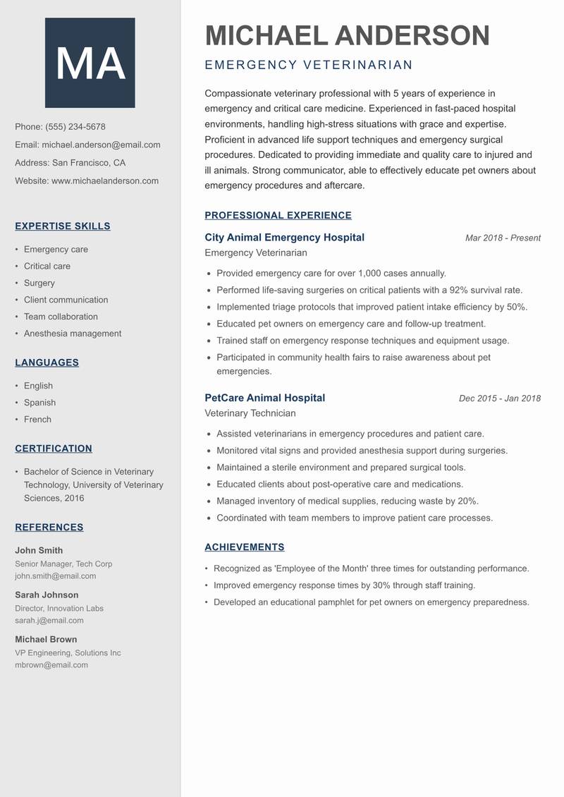 Veterinarian Resume Preview Example