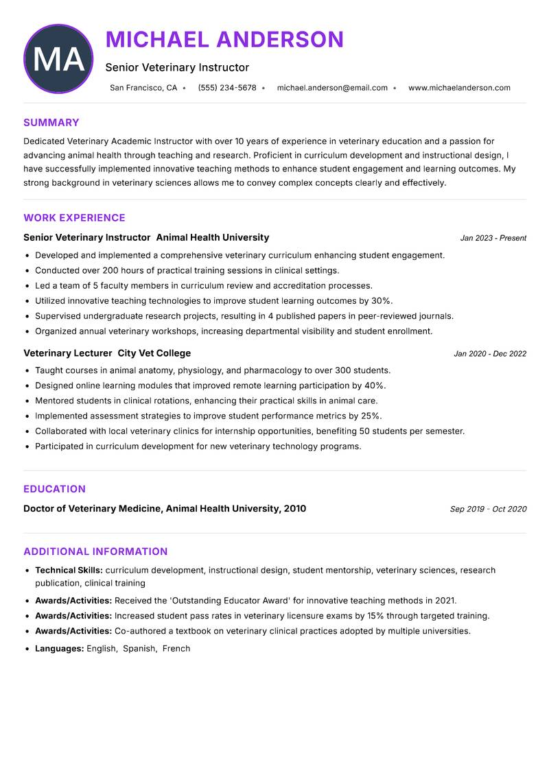 Veterinary Academic Instructor Resume Preview Example
