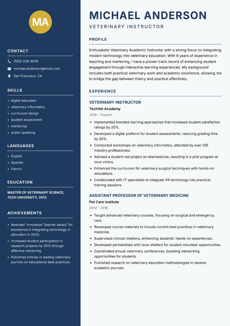 Veterinary Academic Instructor Resume Preview Example