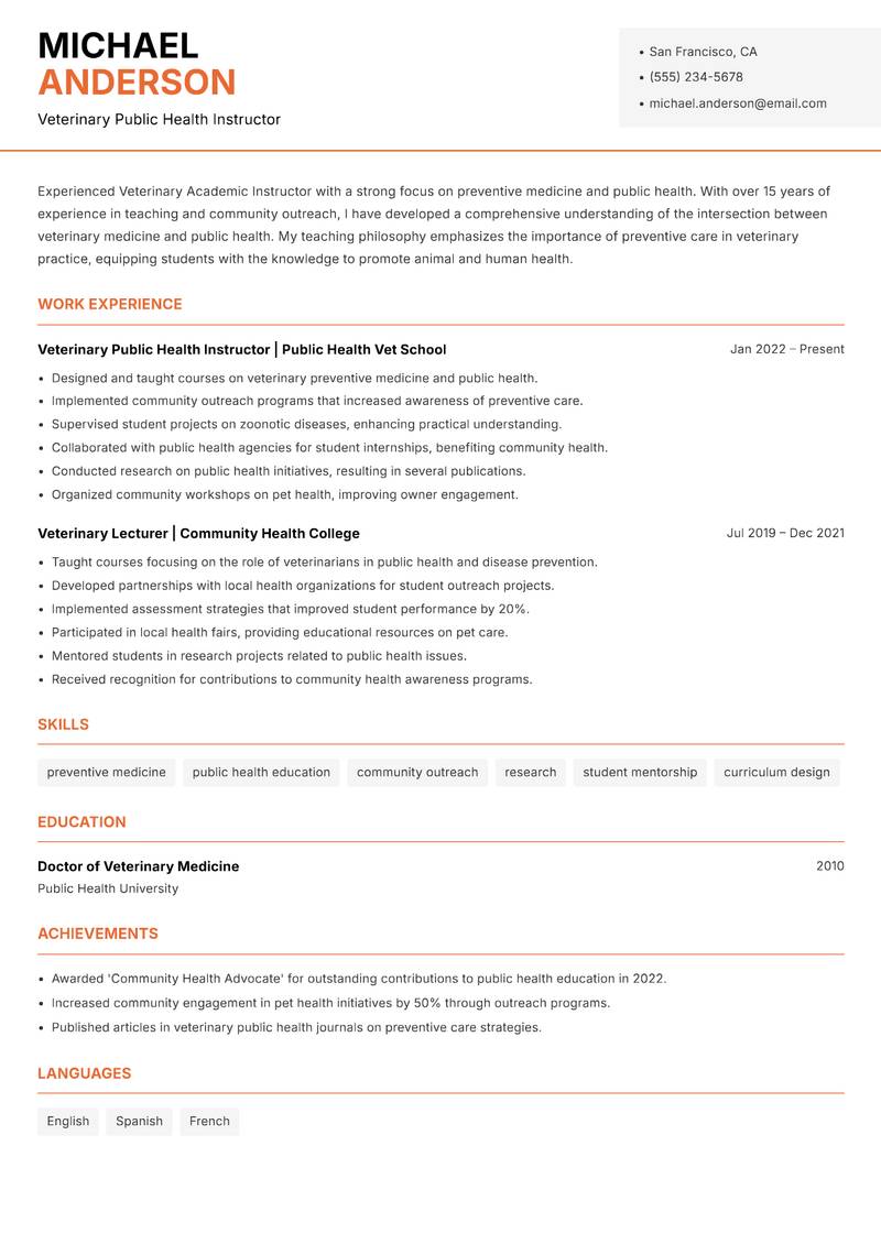 Veterinary Academic Instructor Resume Template
