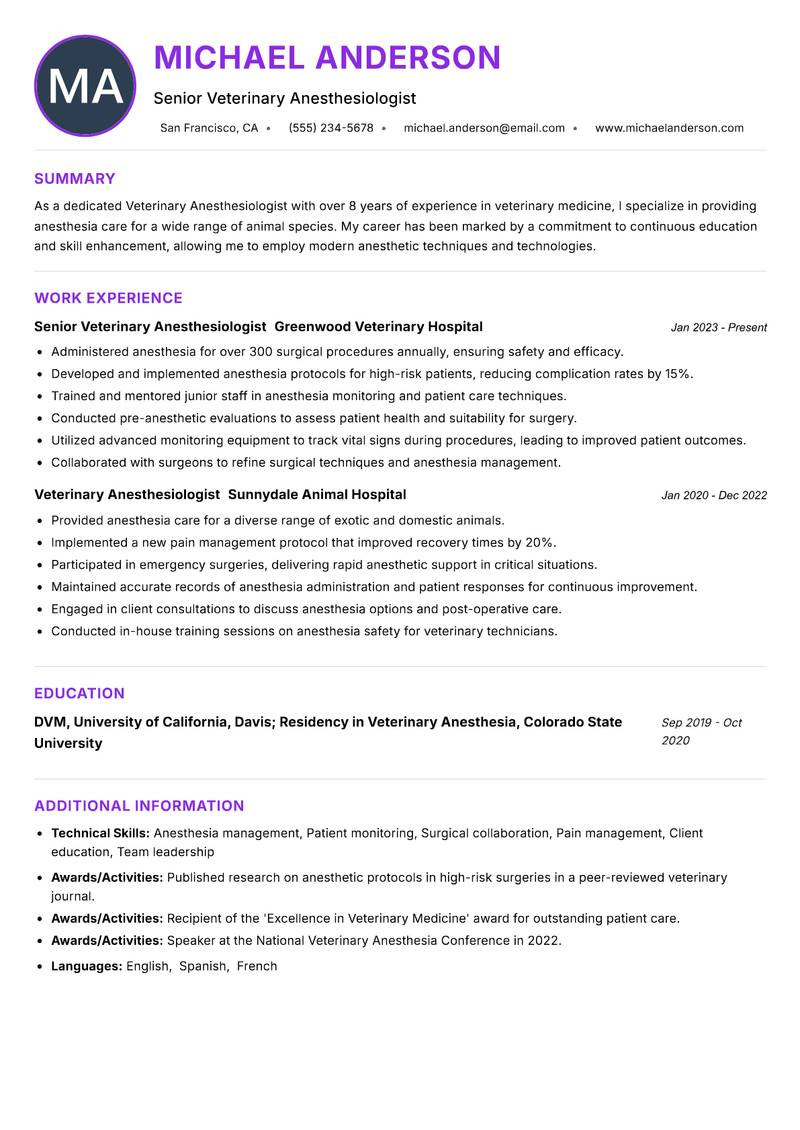 Veterinary Anesthesiologist Resume Preview Example