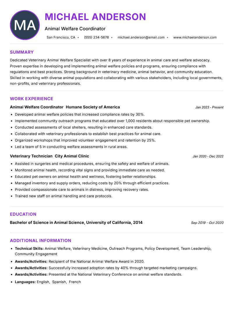 Veterinary Animal Welfare Specialist Resume Preview Example