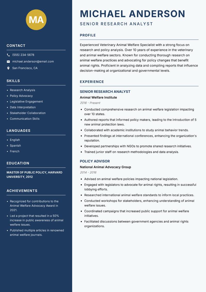 Veterinary Animal Welfare Specialist Resume Preview Example