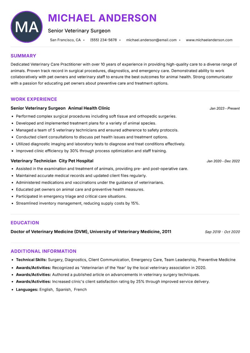 Veterinary Care Practitioner Resume Preview Example