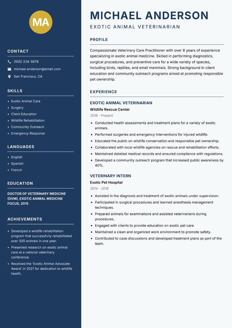 Veterinary Care Practitioner Resume Preview Example