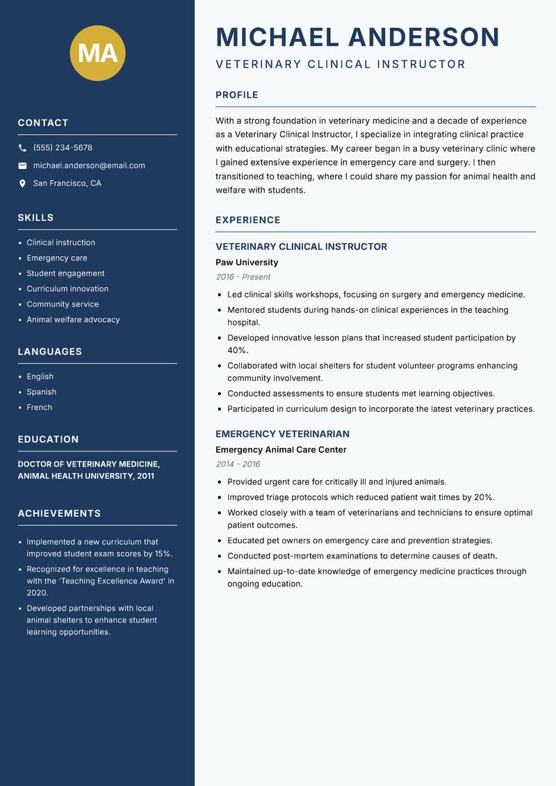 Veterinary Clinical Instructor Resume Preview Example