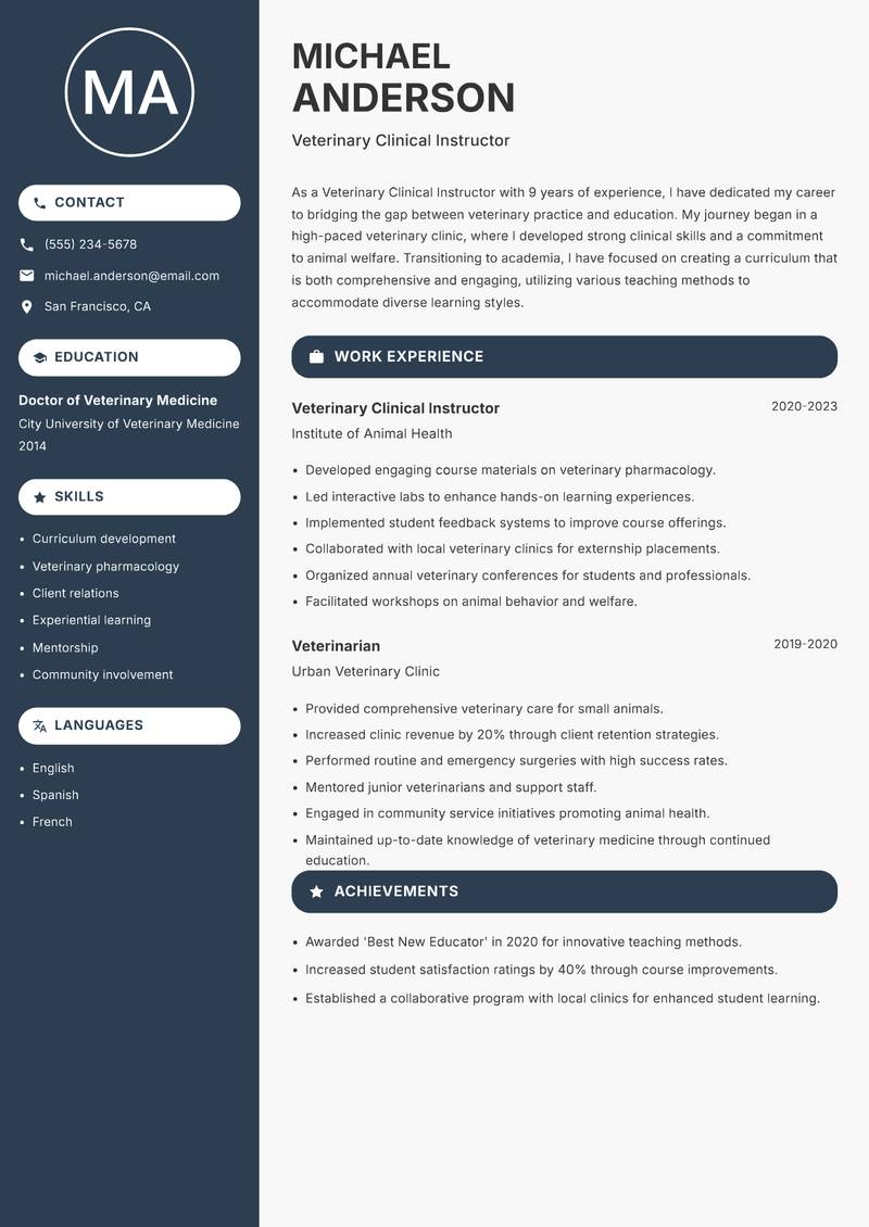 Veterinary Clinical Instructor Resume Preview Example