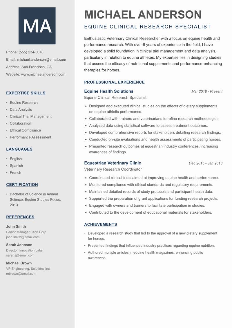 Veterinary Clinical Researcher Resume Preview Example
