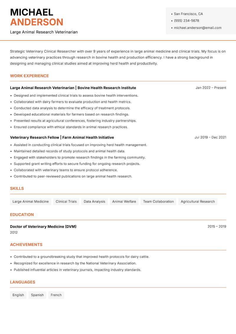 Veterinary Clinical Researcher Resume Template