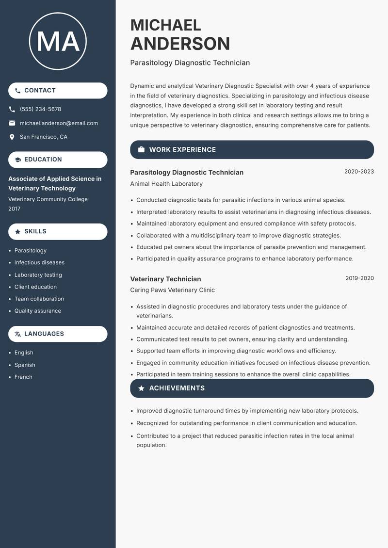 Veterinary Diagnostic Specialist Resume Preview Example