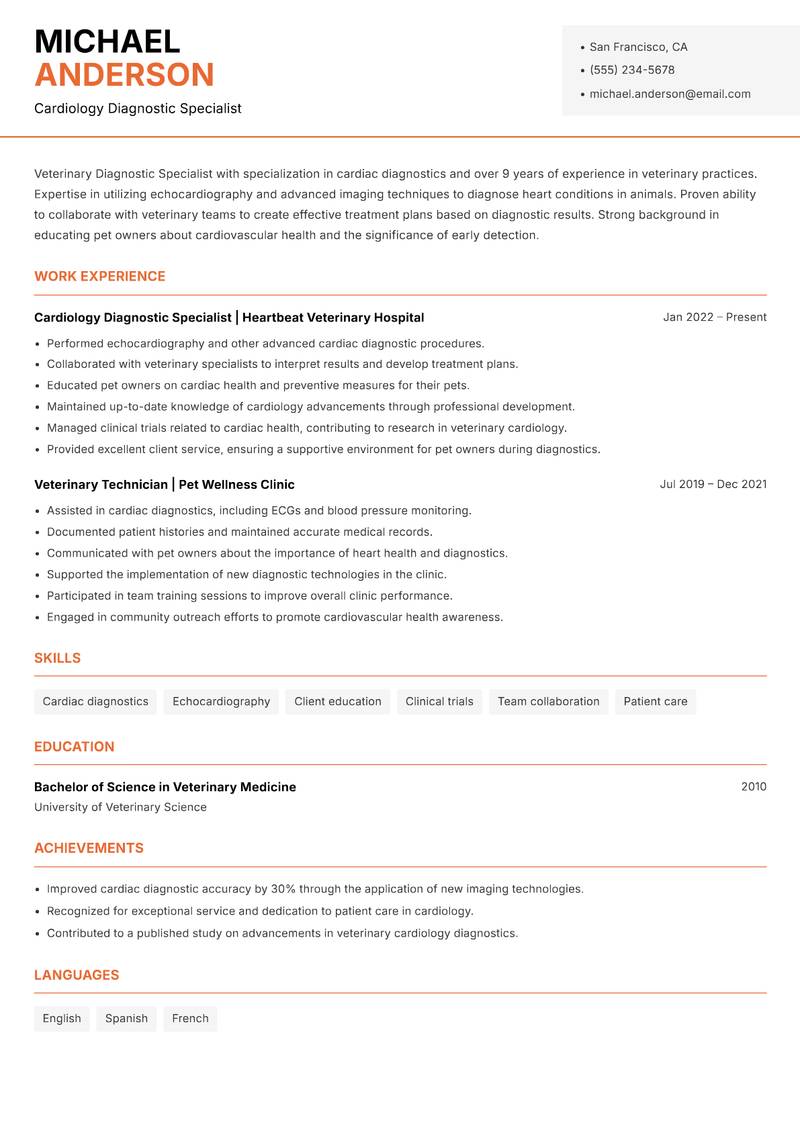 Veterinary Diagnostic Specialist Resume Template