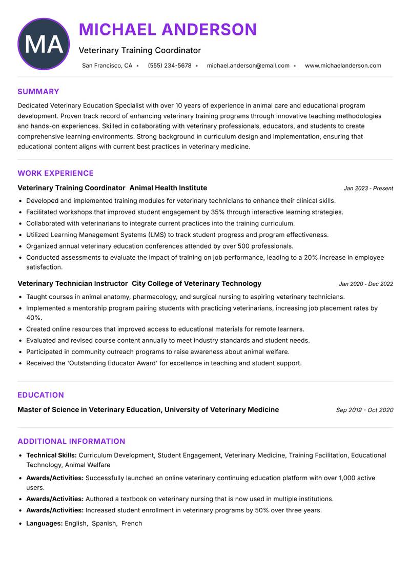 Veterinary Education Specialist Resume Preview Example
