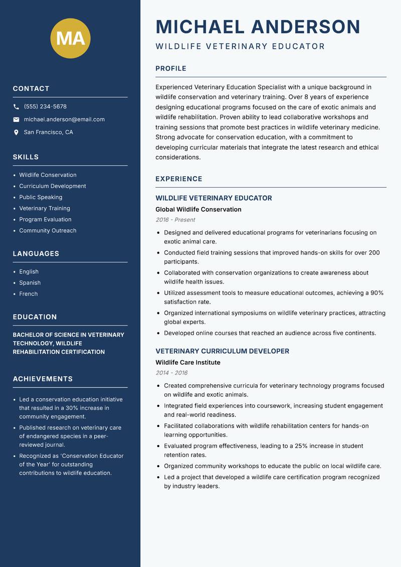 Veterinary Education Specialist Resume Preview Example