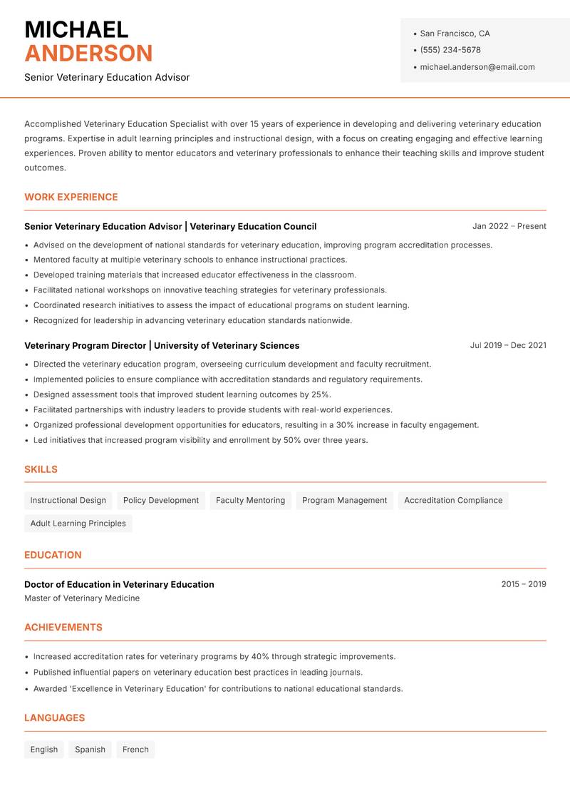 Veterinary Education Specialist Resume Template