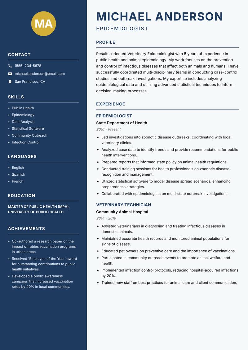 Veterinary Epidemiologist Resume Preview Example