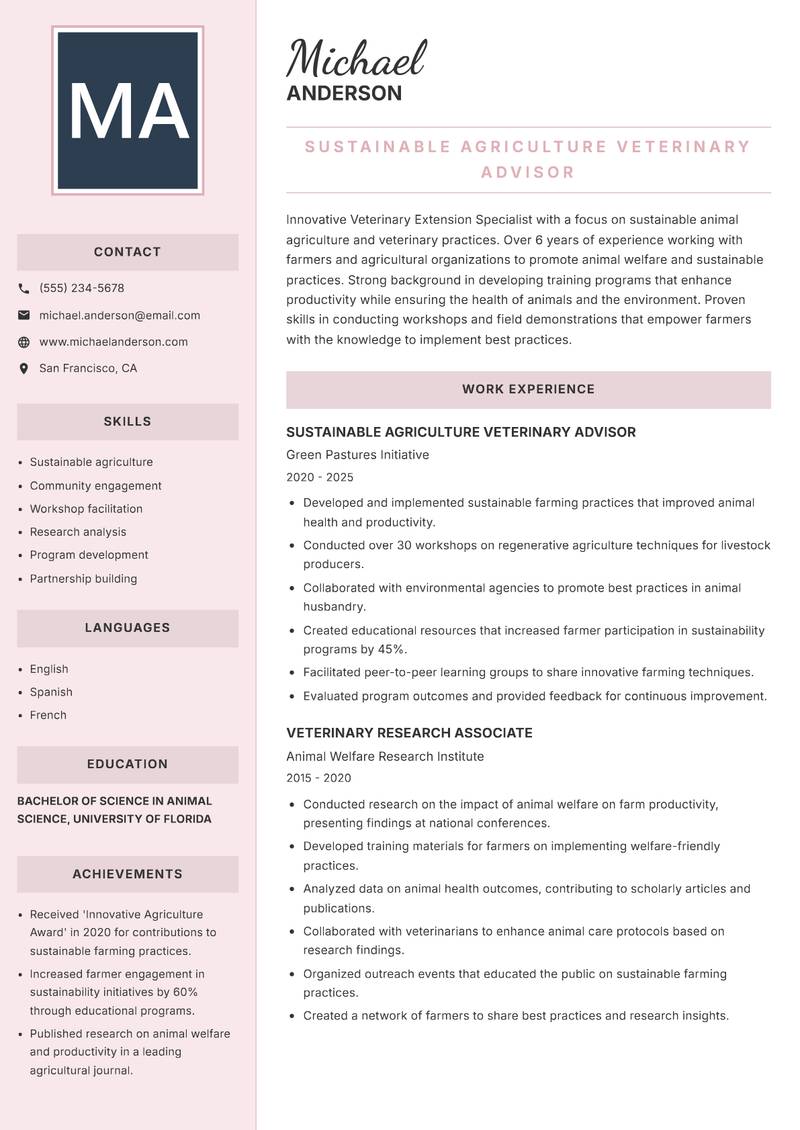 Veterinary Extension Specialist Resume Preview Example
