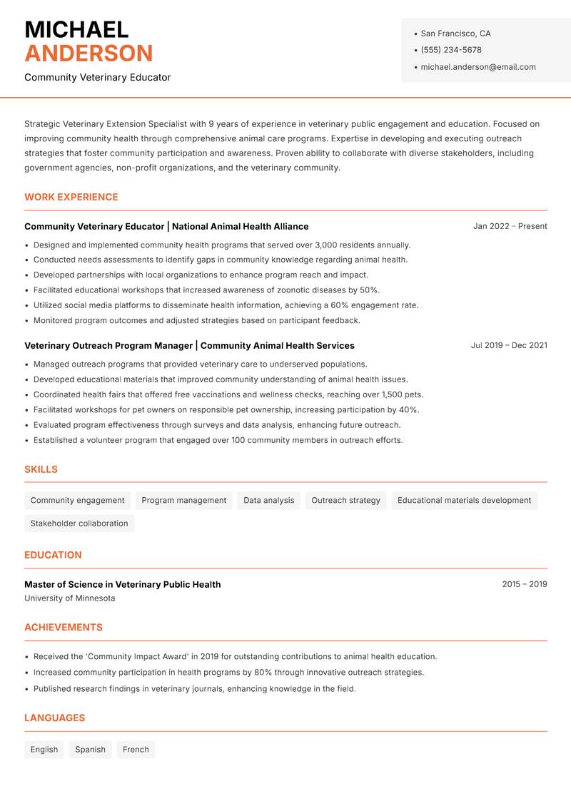 Veterinary Extension Specialist Resume Template