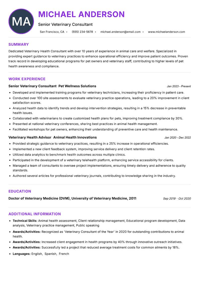 Veterinary Health Consultant Resume Preview Example