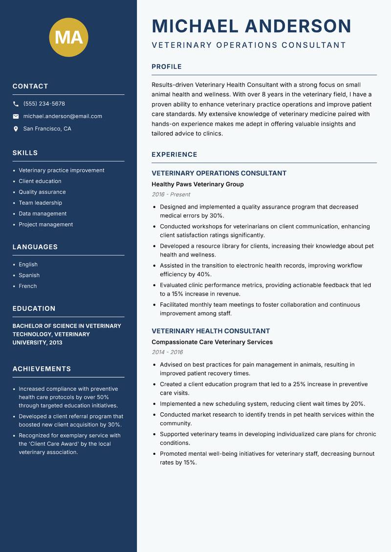 Veterinary Health Consultant Resume Preview Example