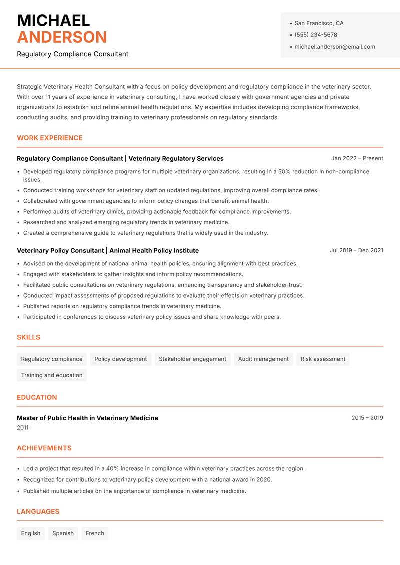 Veterinary Health Consultant Resume Template