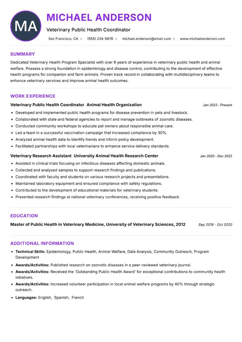 Veterinary Health Program Specialist Resume Preview Example