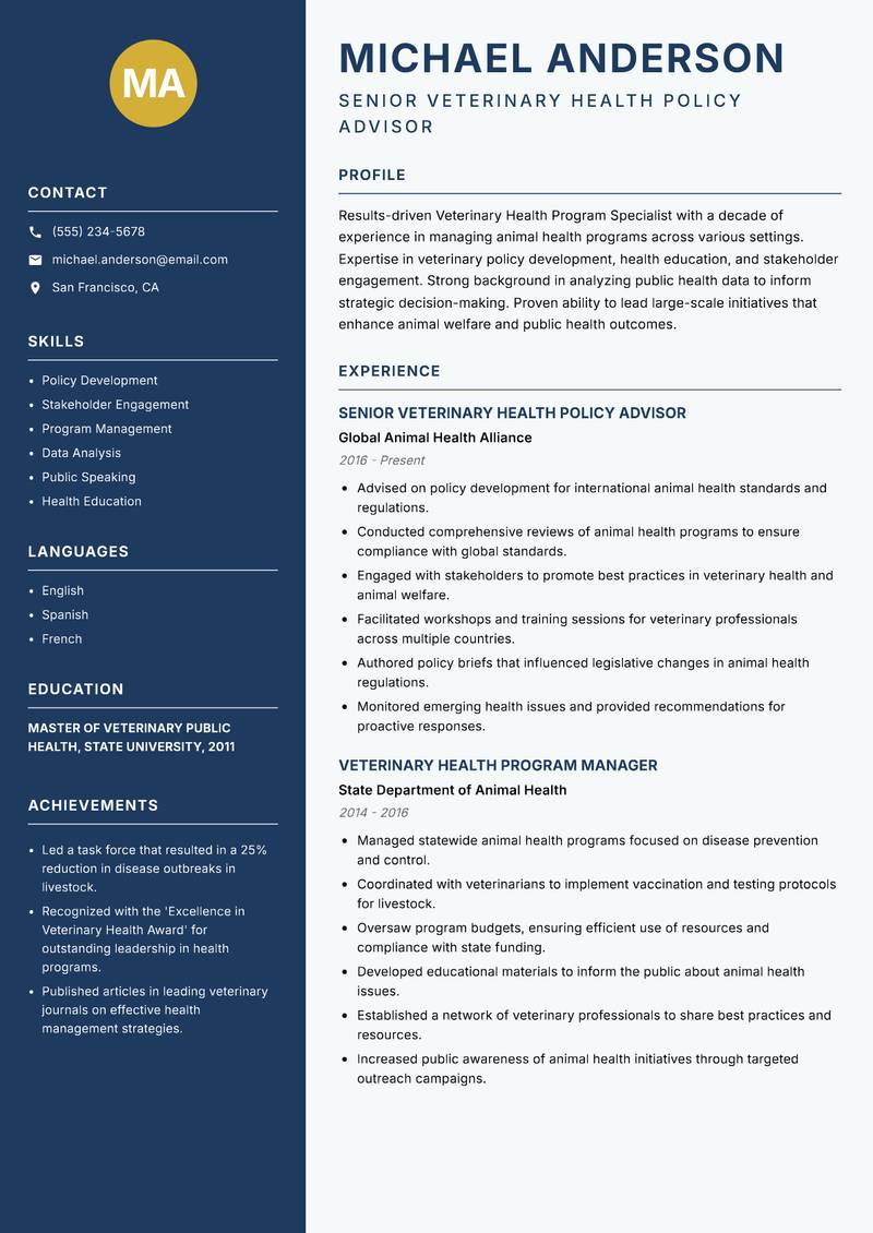 Veterinary Health Program Specialist Resume Preview Example