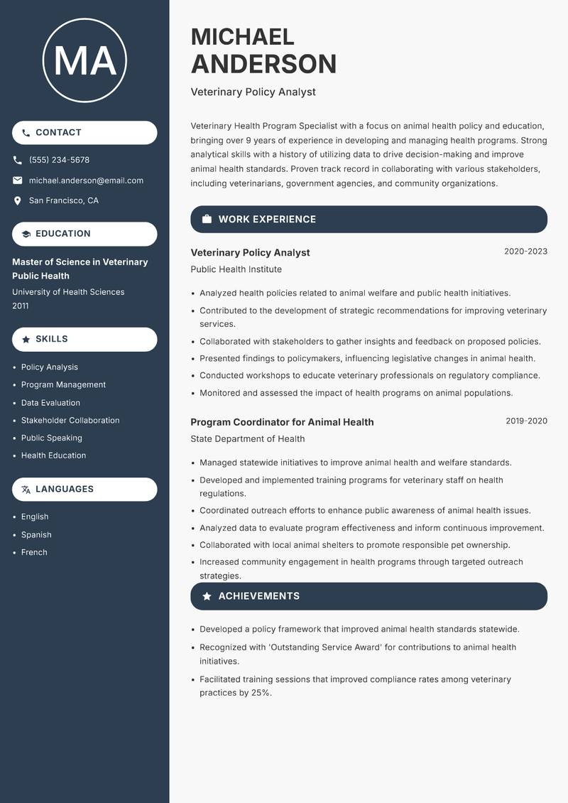 Veterinary Health Program Specialist Resume Preview Example