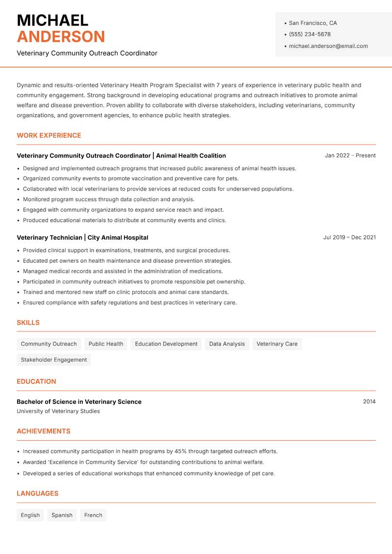 Veterinary Health Program Specialist Resume Template