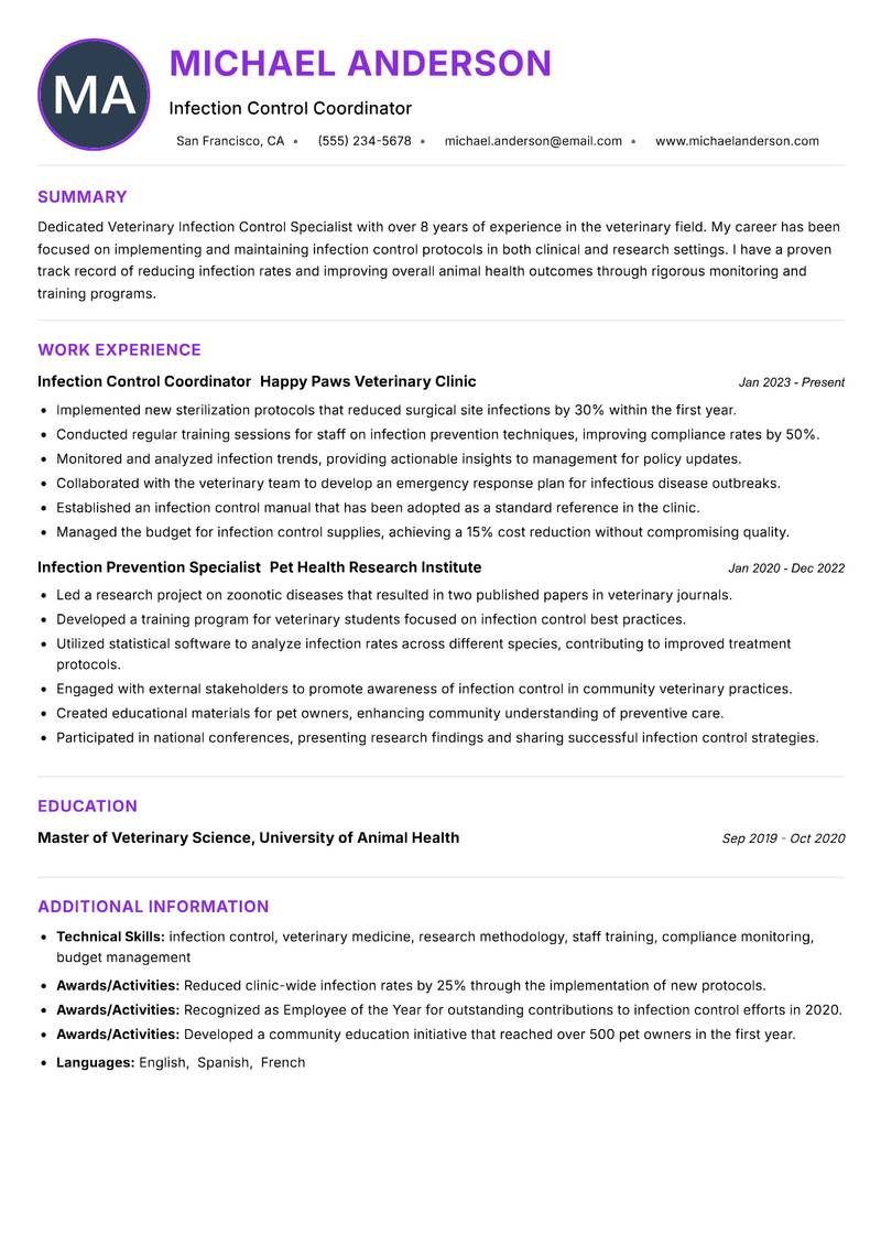 Veterinary Infection Control Specialist Resume Preview Example
