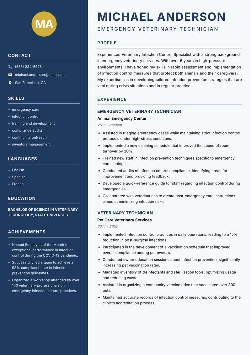 Veterinary Infection Control Specialist Resume Preview Example
