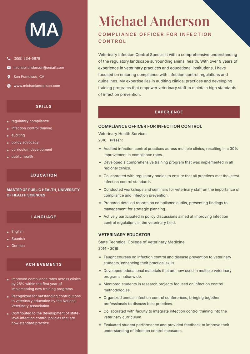 Veterinary Infection Control Specialist Resume Preview Example