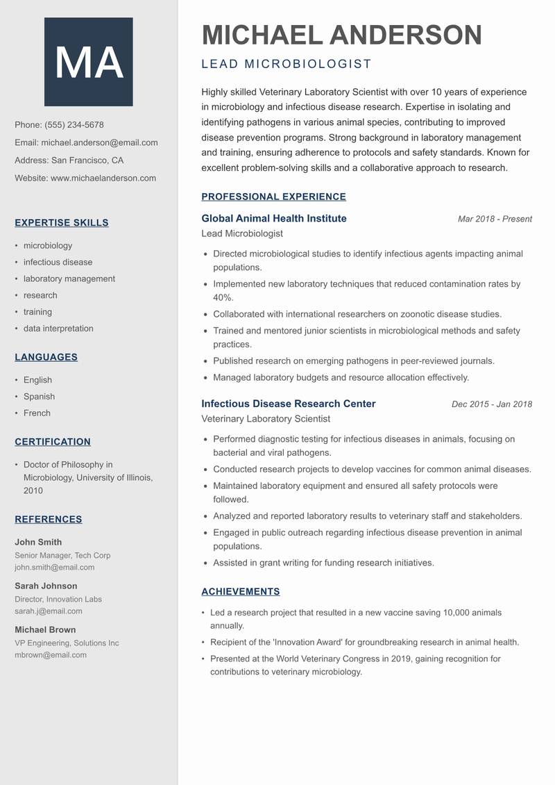 Veterinary Laboratory Scientist Resume Preview Example