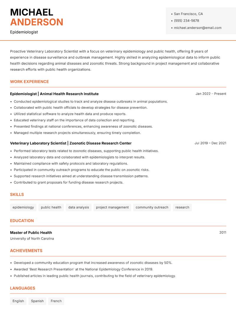 Veterinary Laboratory Scientist Resume Template