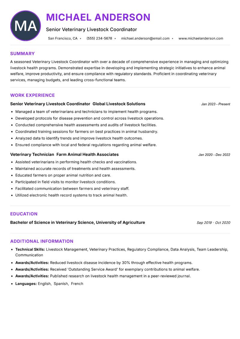 Veterinary Livestock Coordinator Resume Preview Example