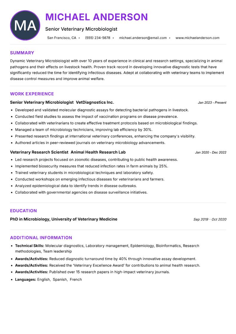 Veterinary Microbiologist Resume Preview Example