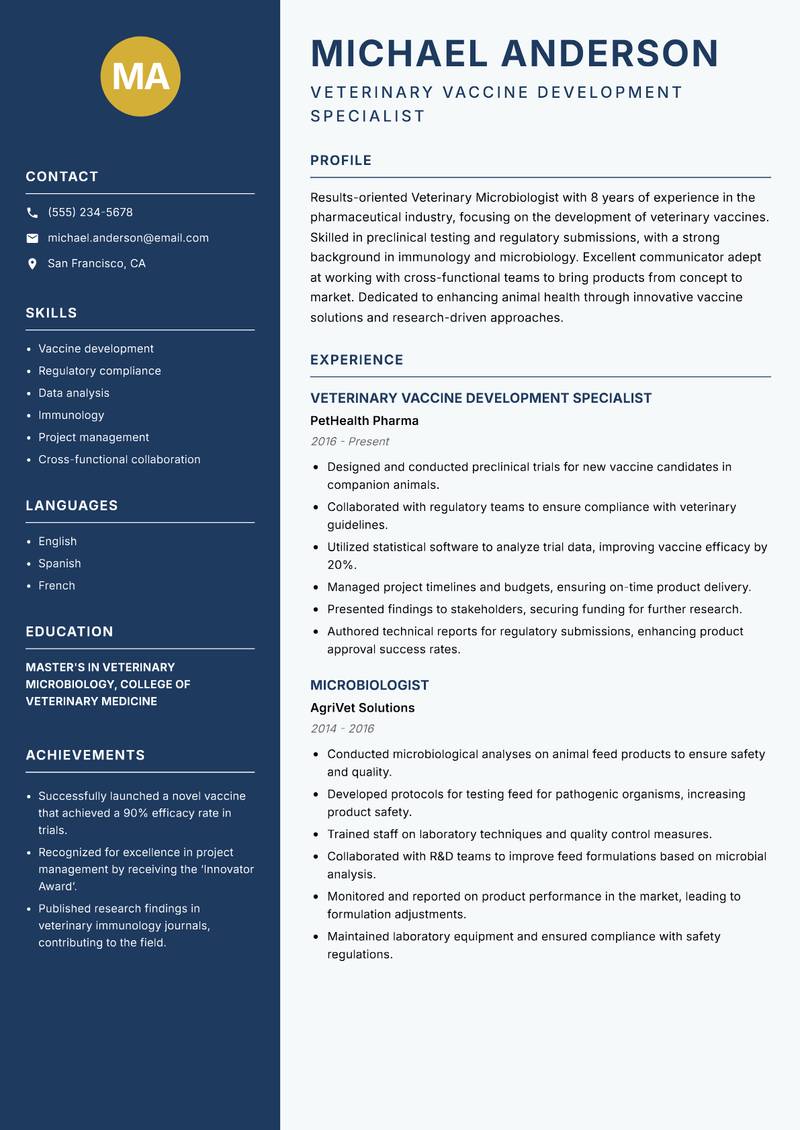 Veterinary Microbiologist Resume Preview Example