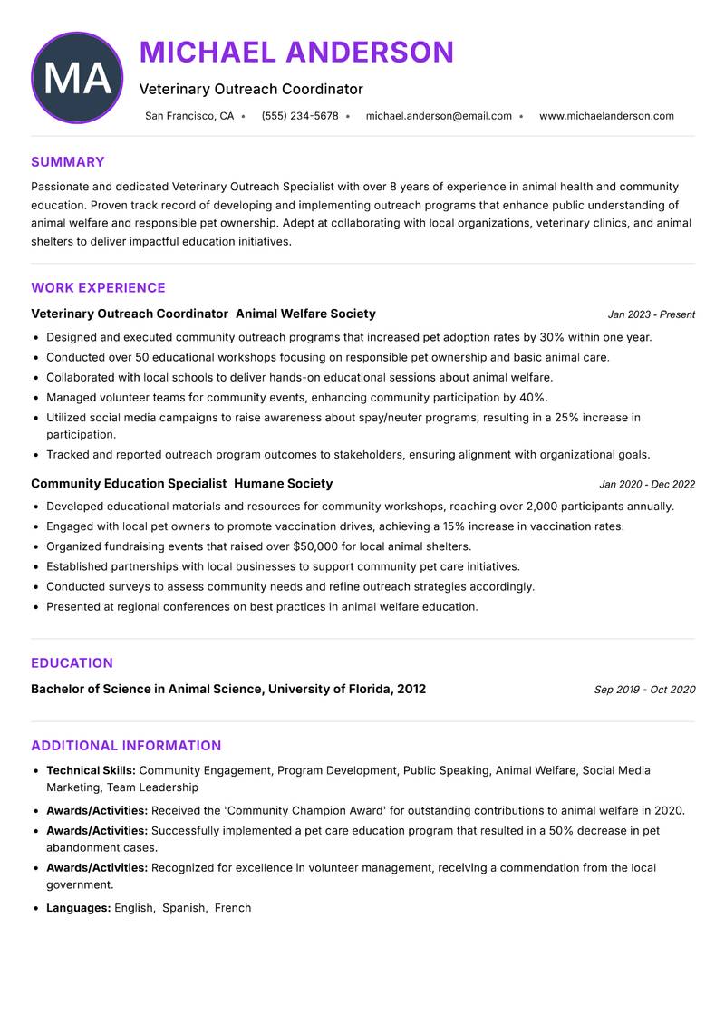 Veterinary Outreach Specialist Resume Preview Example