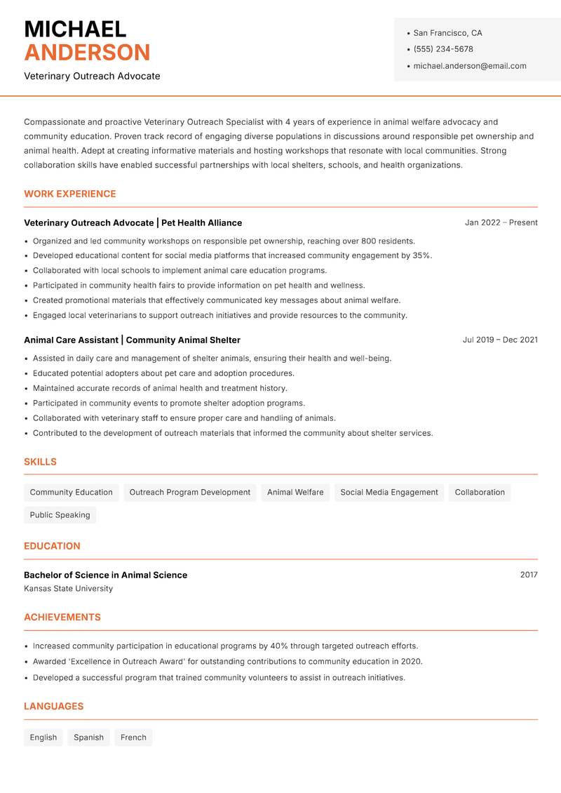 Veterinary Outreach Specialist Resume Template