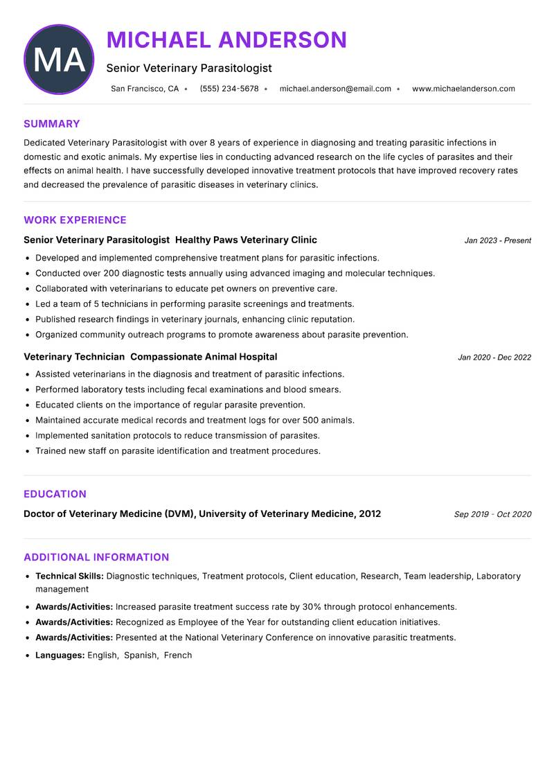 Veterinary Parasitologist Resume Preview Example