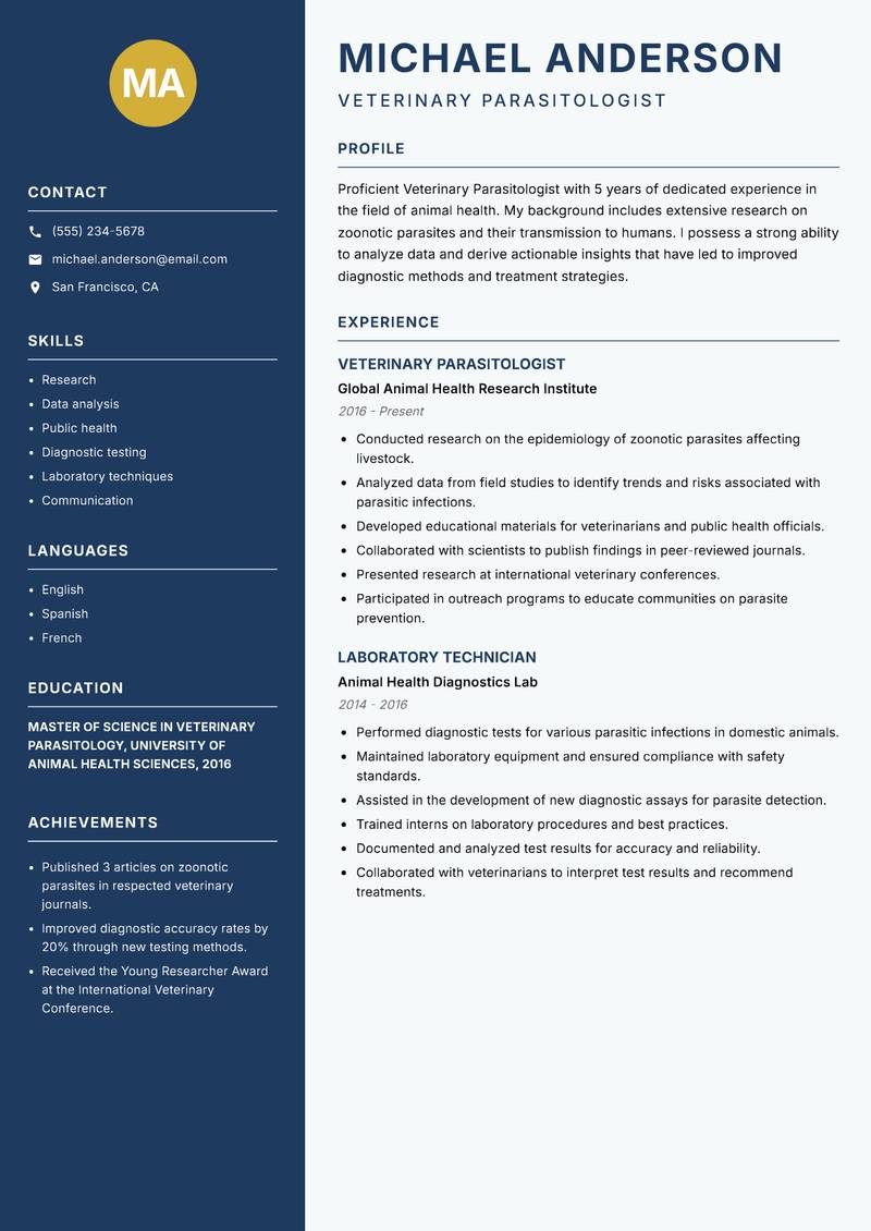 Veterinary Parasitologist Resume Preview Example