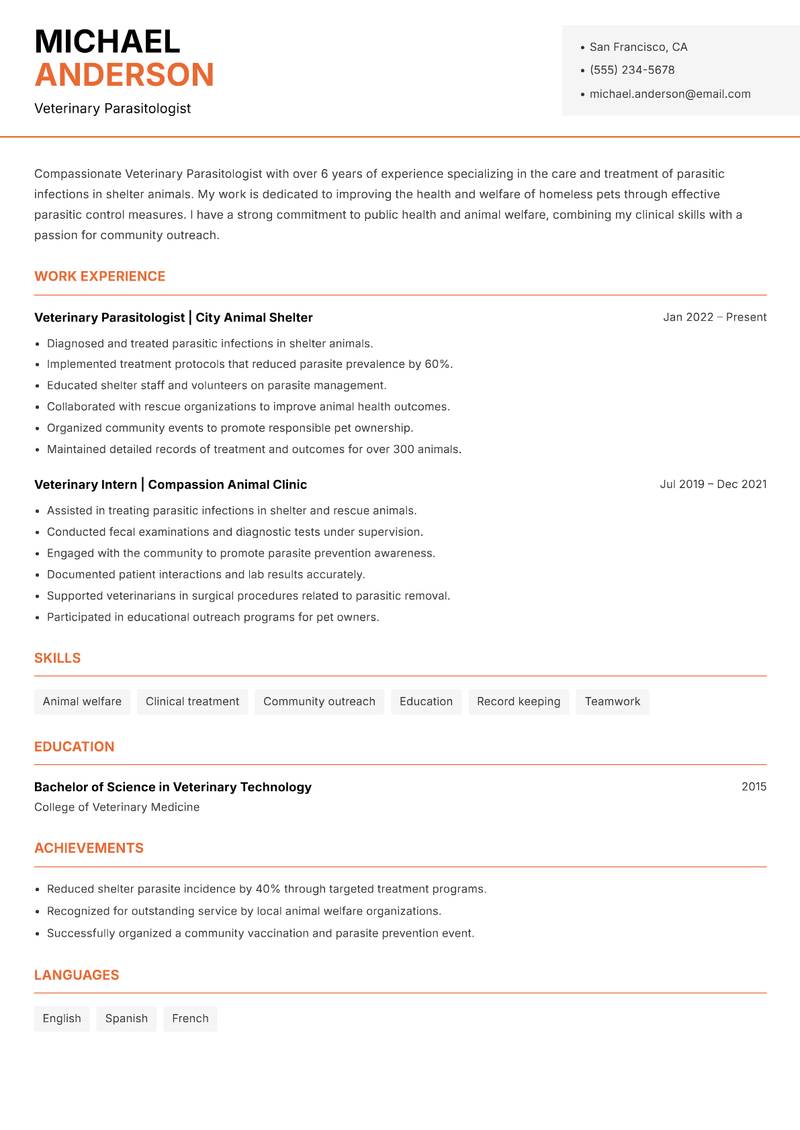 Veterinary Parasitologist Resume Template