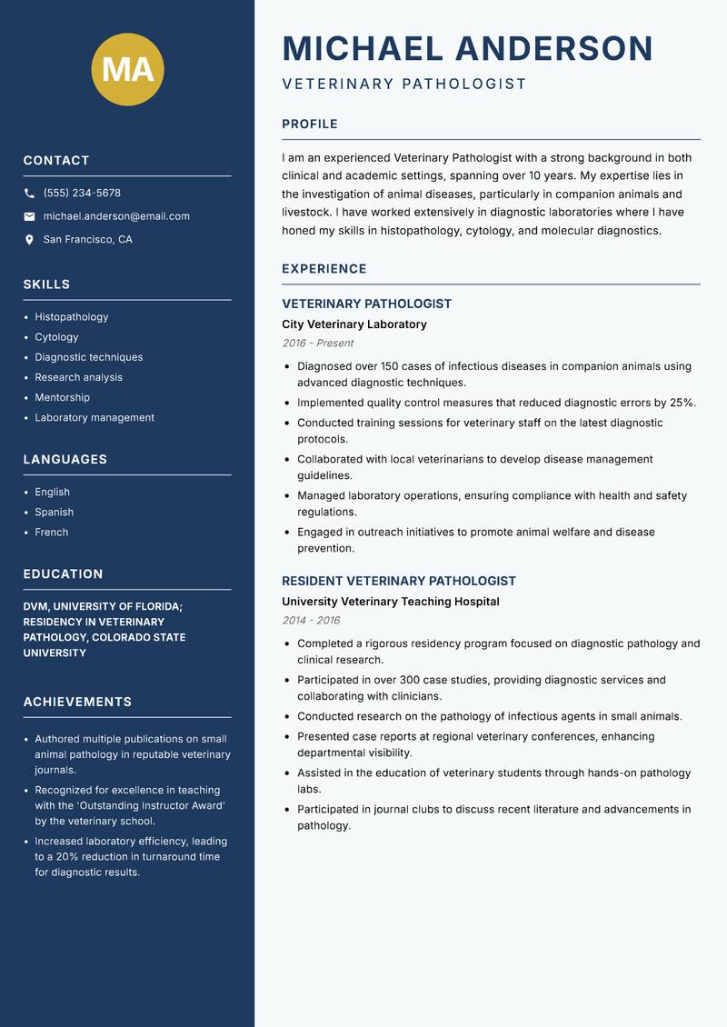 Veterinary Pathologist Resume Preview Example