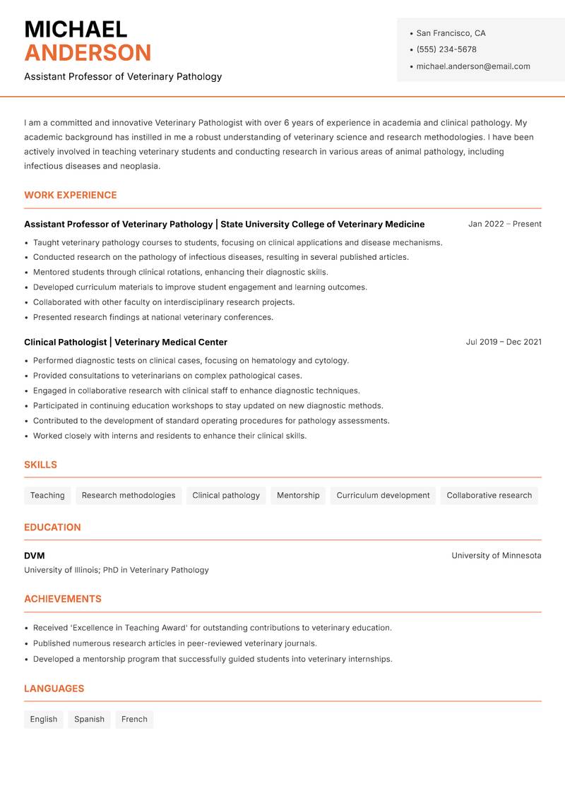 Veterinary Pathologist Resume Template