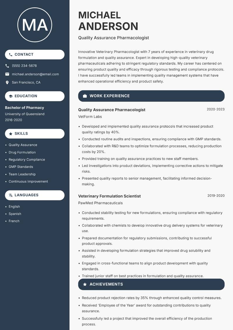 Veterinary Pharmacologist Resume Preview Example