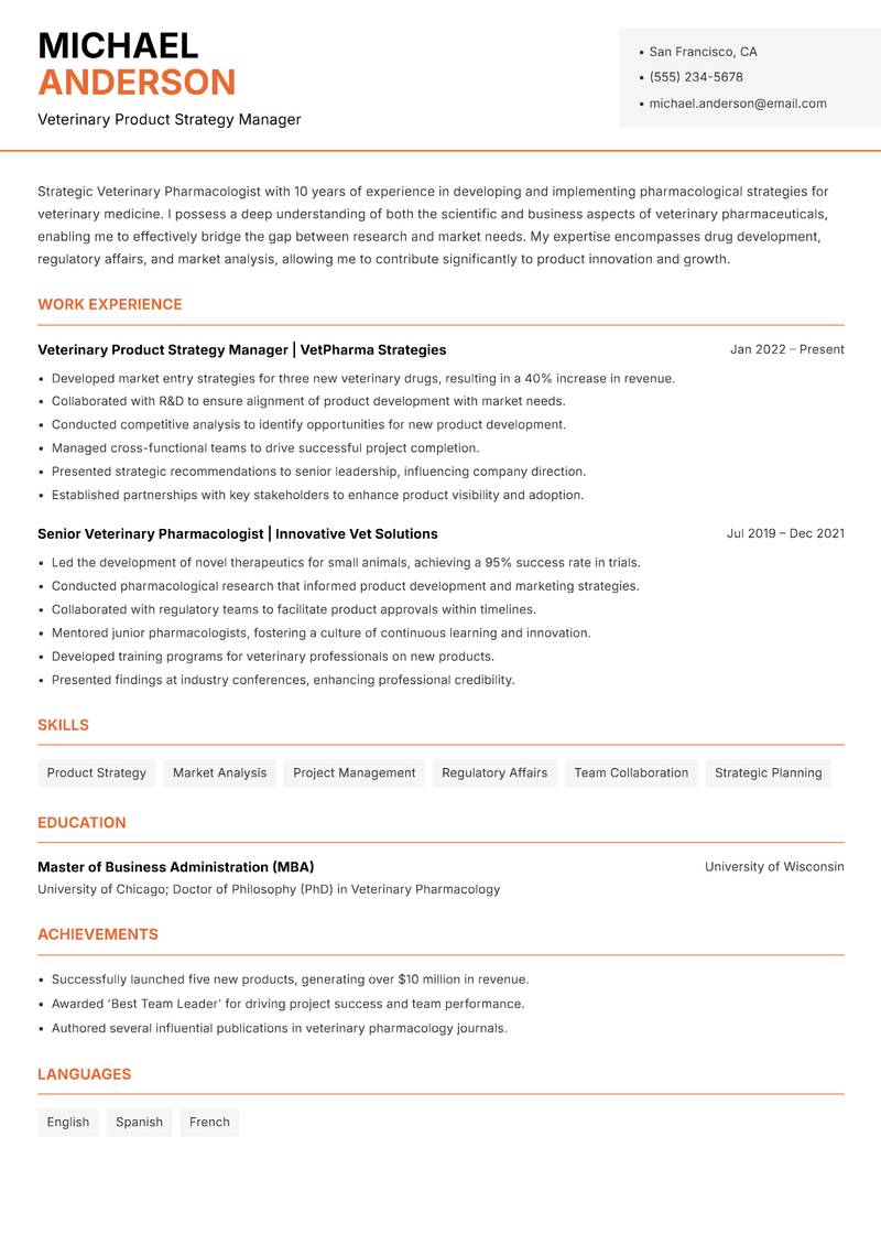 Veterinary Pharmacologist Resume Template