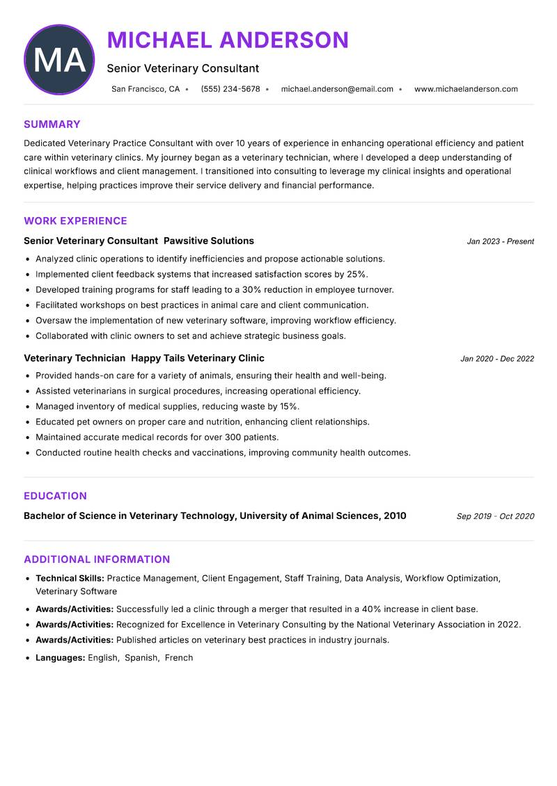 Veterinary Practice Consultant Resume Preview Example