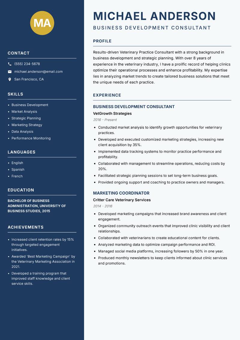 Veterinary Practice Consultant Resume Preview Example